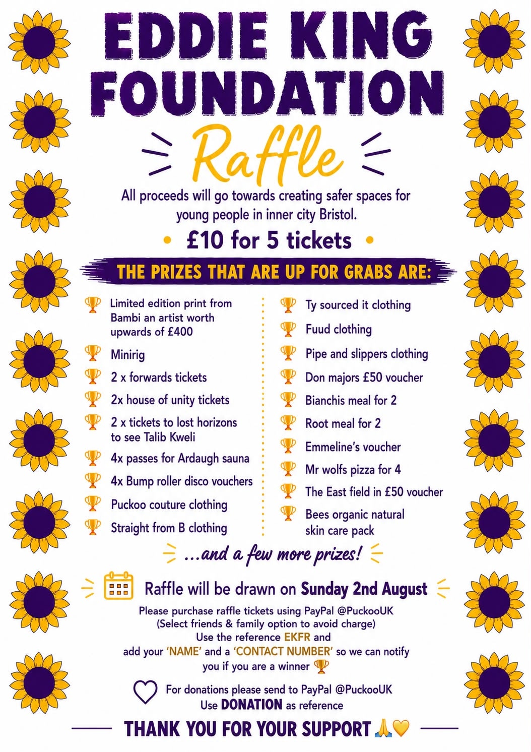 Raffle prizes flyer — full list of prizes up for grabs at the EKing Foundation event